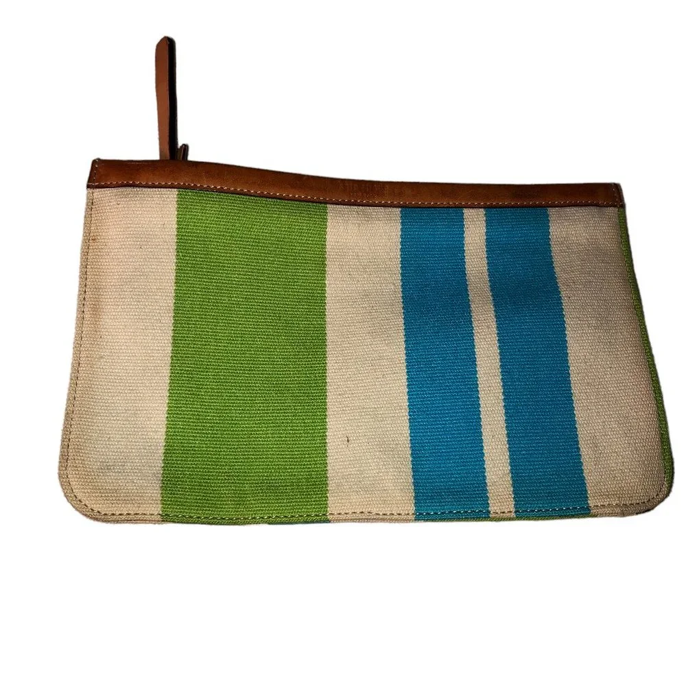 Kate Spade blue green Beach Ball stripe Leather trim zipper pouch bag 8x…